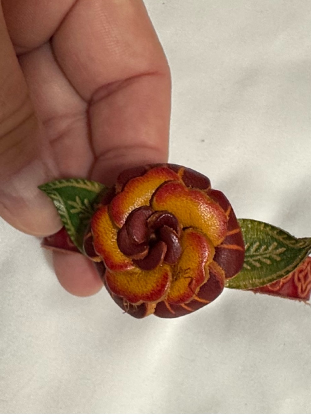 Handcrafted Leather Flower Bracelet in Red and Yellow